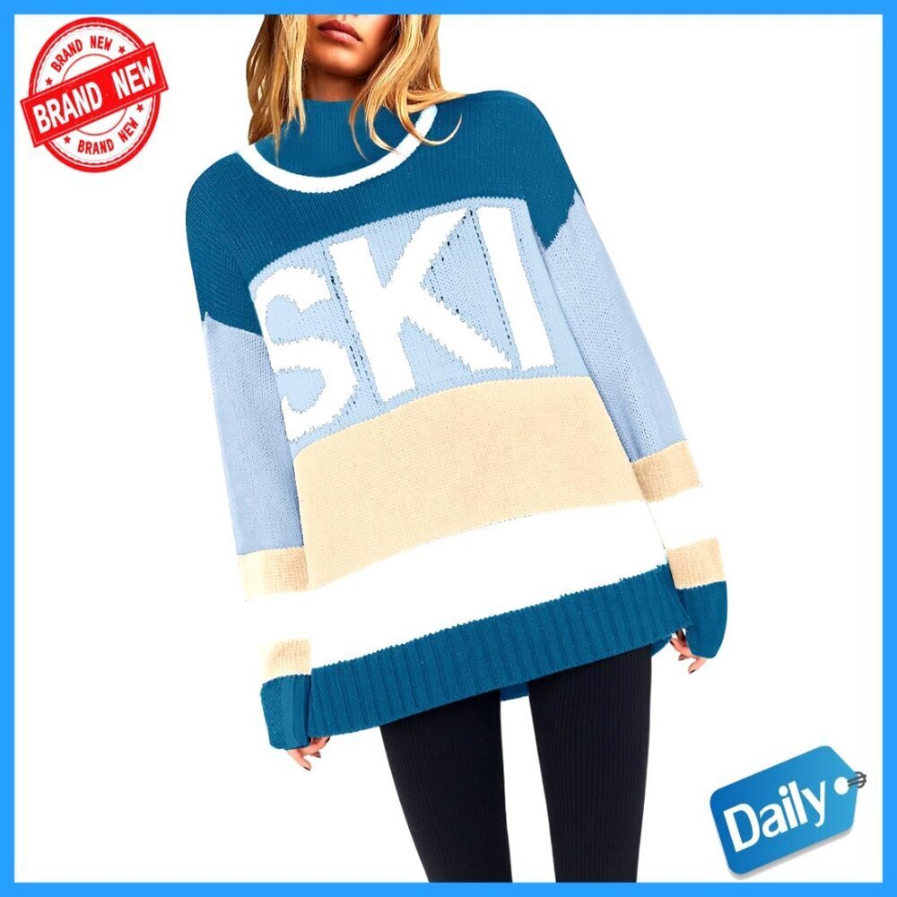 Oversized Color Block Ski Sweater Crewneck Winter Top S-2XL